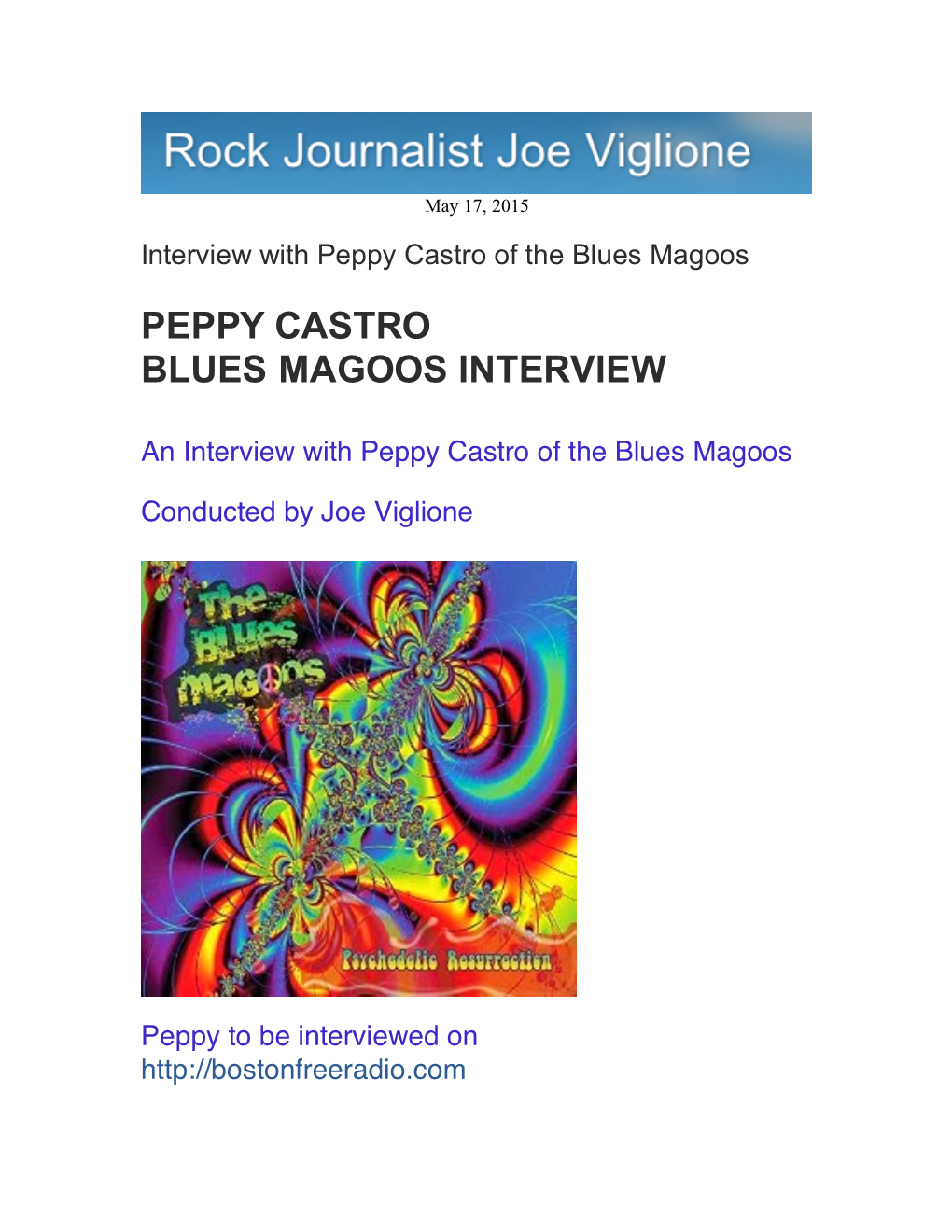 Joe Viglione Blogspot, Peppy Castro Interview