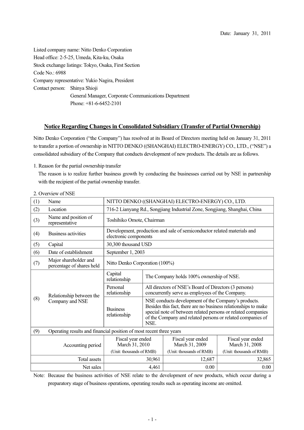 Notice Regarding Changes in Consolidated Subsidiary (Transfer of Partial Ownership)