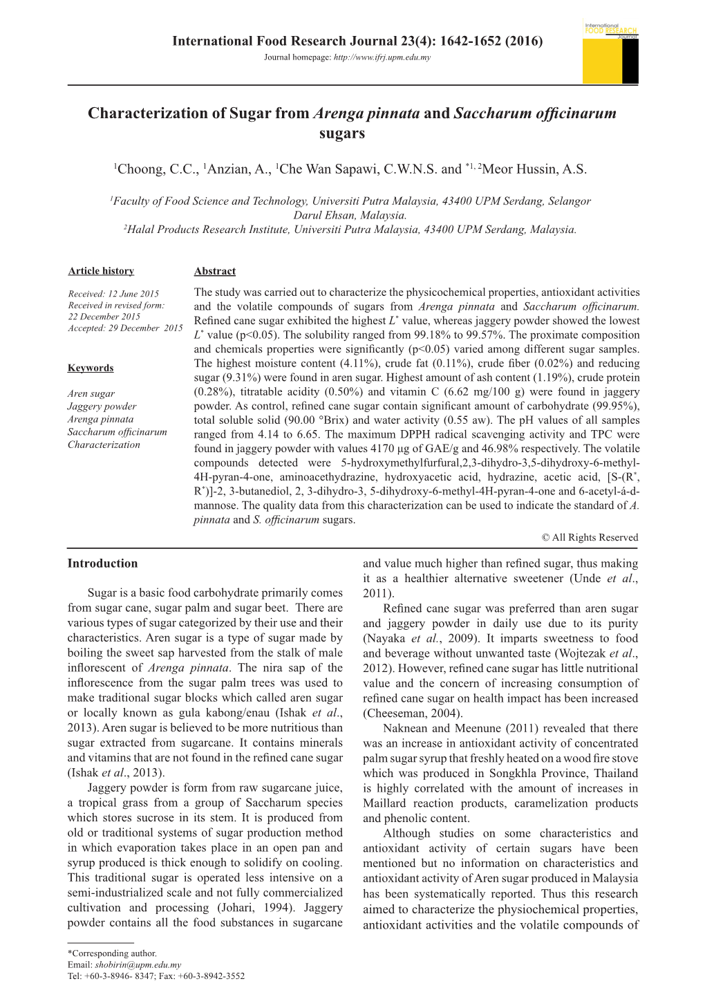 Characterization of Sugar from Arenga Pinnata and Saccharum Officinarum Sugars