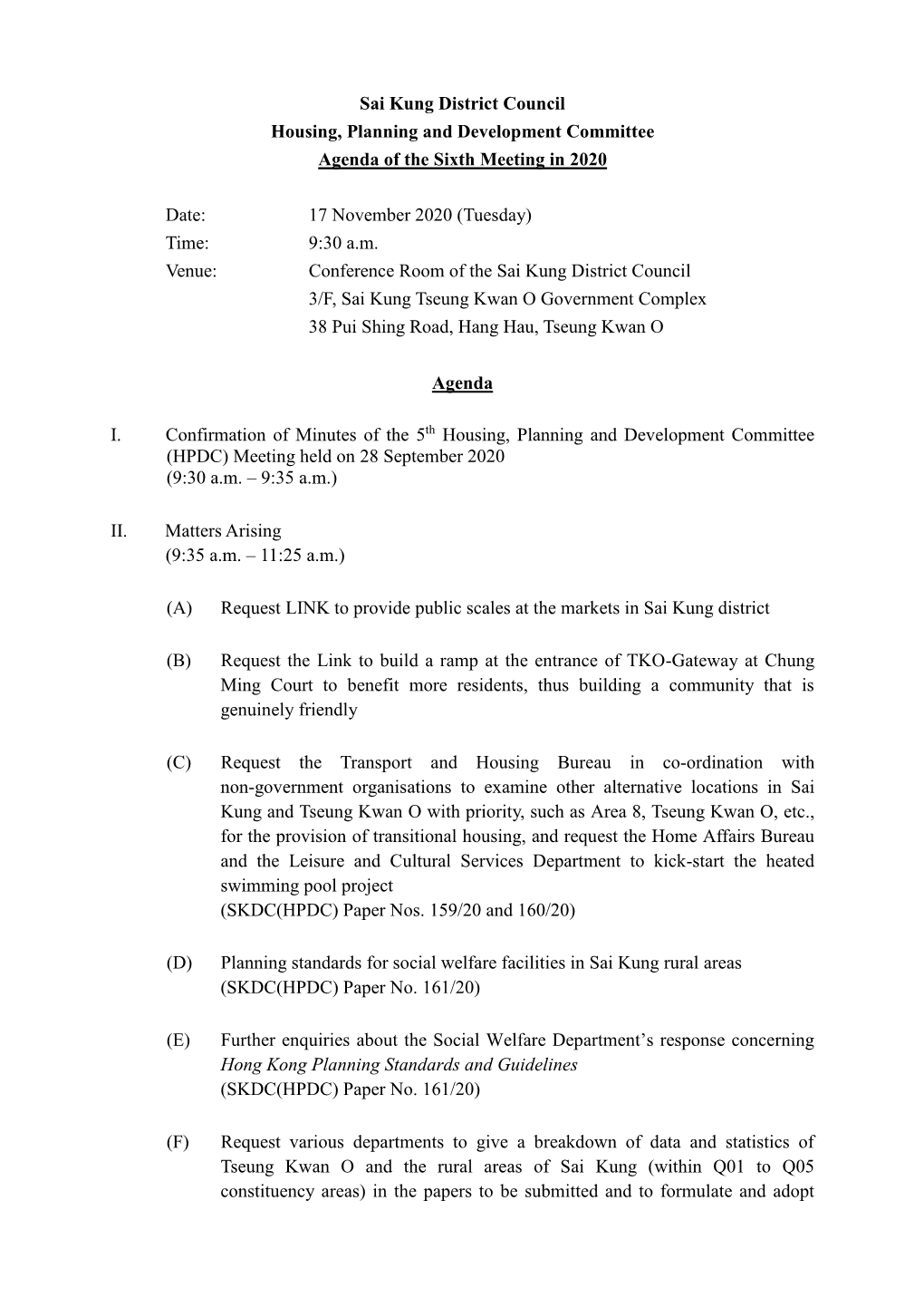 Sai Kung District Council Housing, Planning and Development Committee Agenda of the Sixth Meeting in 2020