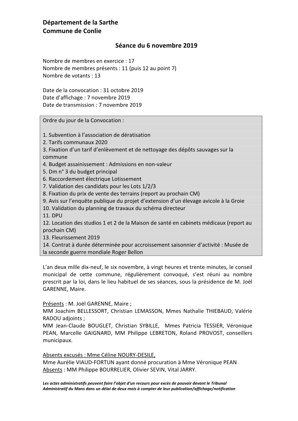 Département De La Sarthe Commune De Conlie Séance Du 6 Novembre