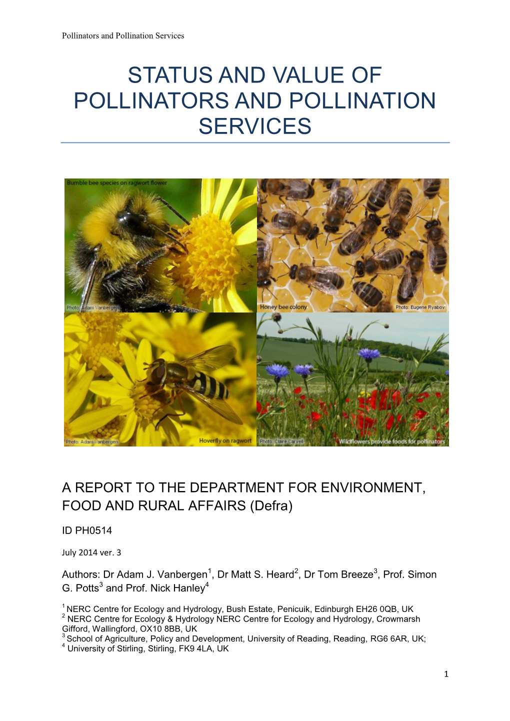 Status and Value of Pollinators and Pollination Services