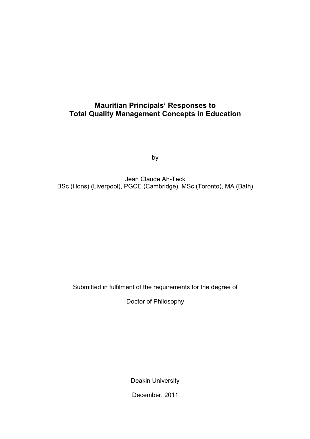 Mauritian Principals' Responses to Total Quality Management