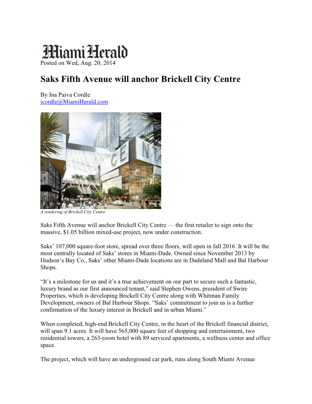 Saks Fifth Avenue Will Anchor Brickell City Centre