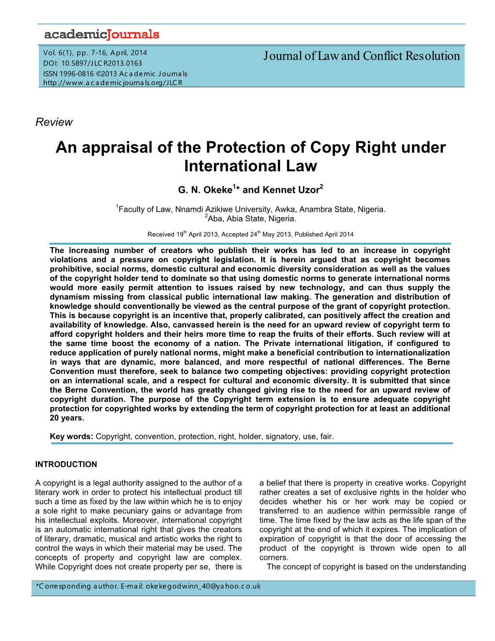 An Appraisal of the Protection of Copy Right Under International Law