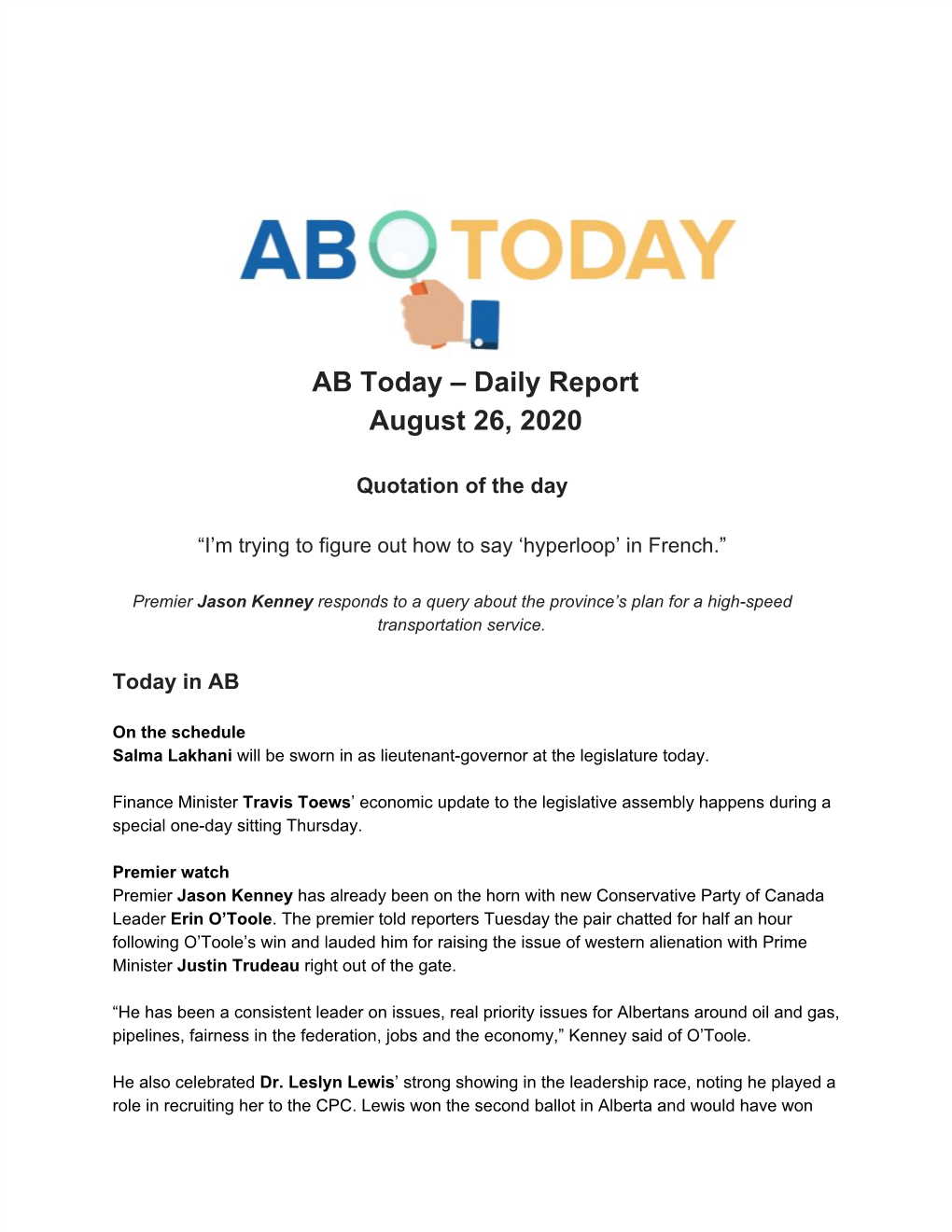 AB Today – Daily Report August 26, 2020