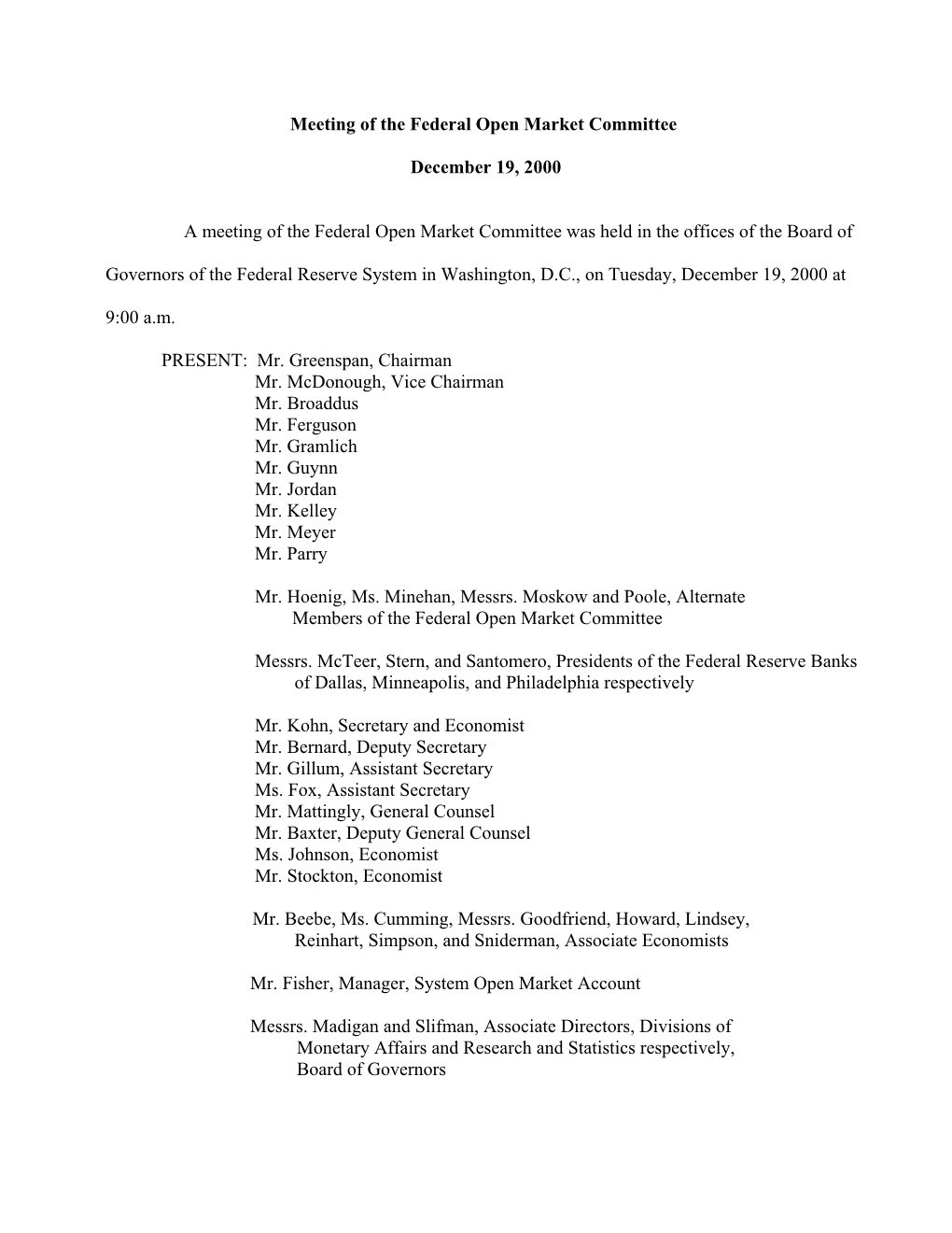 Transcript of Federal Open Market Committee Meeting of December 19, 2000