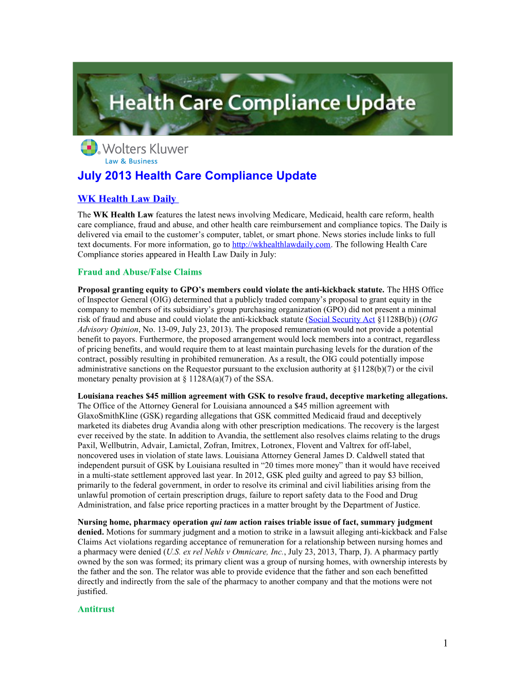 July 2013 Health Care Compliance Update