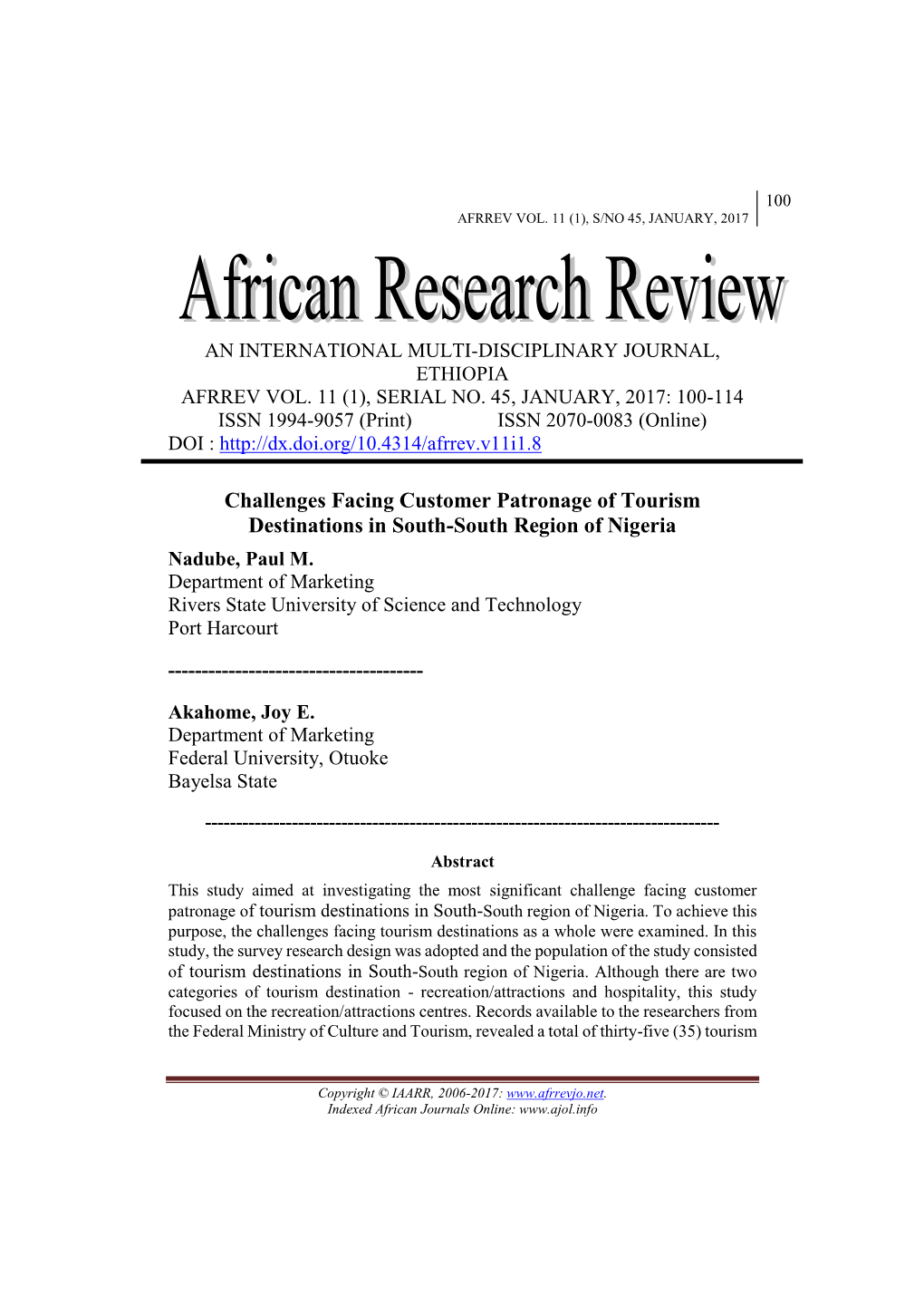 Challenges Facing Customer Patronage of Tourism Destinations in South-South Region of Nigeria Nadube, Paul M