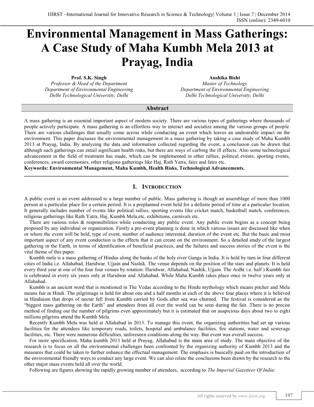 Environmental Management in Mass Gatherings: a Case Study of Maha Kumbh Mela 2013 At