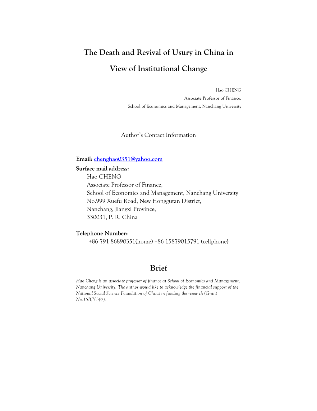 The Death and Revival of Usury in China in View of Institutional Change