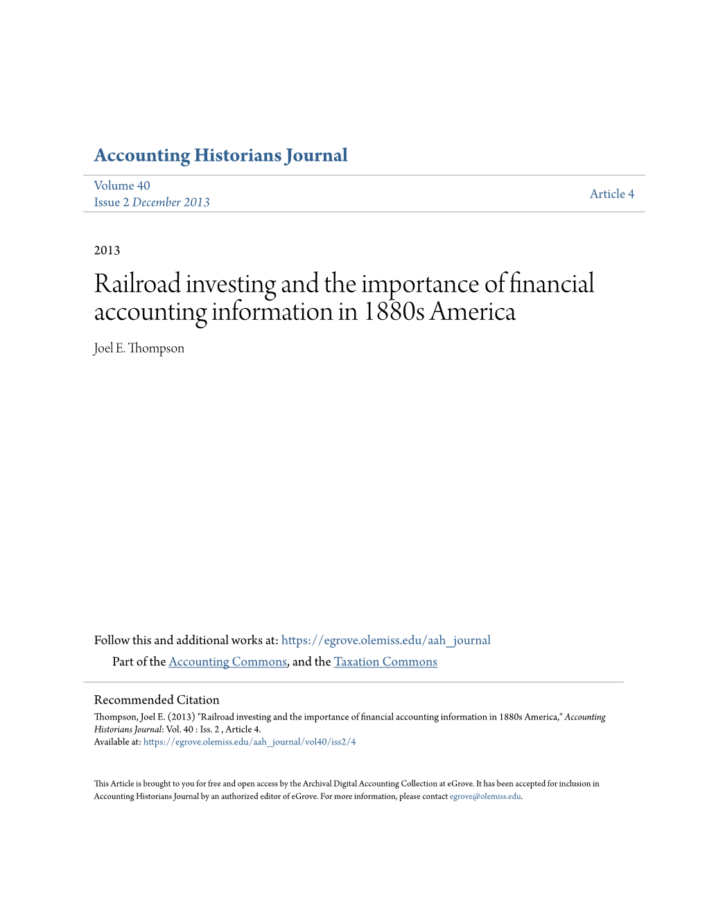 Railroad Investing and the Importance of Financial Accounting Information in 1880S America Joel E