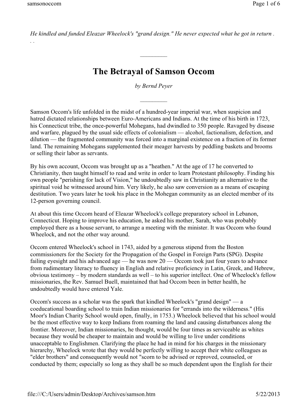The Betrayal of Samson Occom
