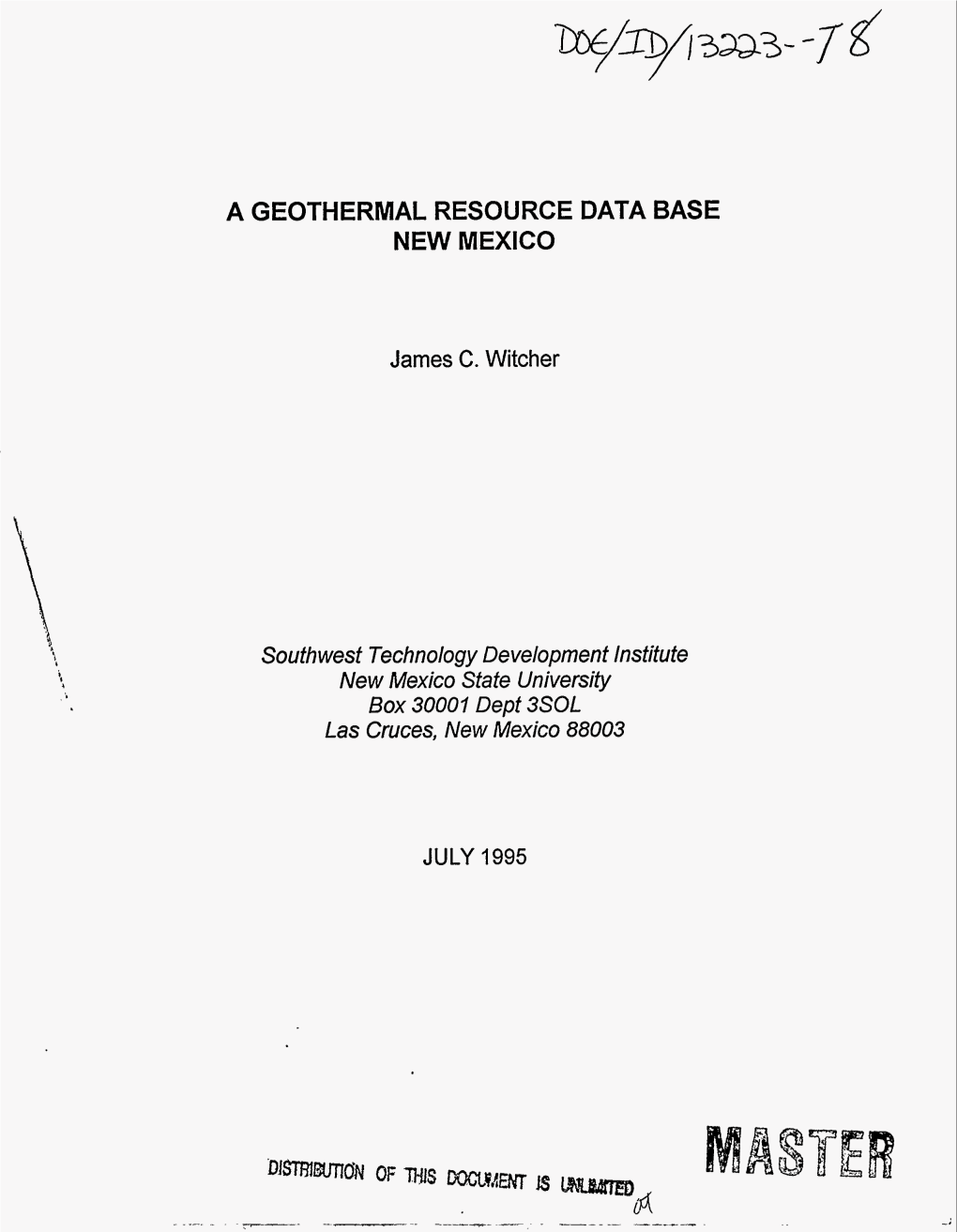 A Geothermal Resource Data Base New Mexico