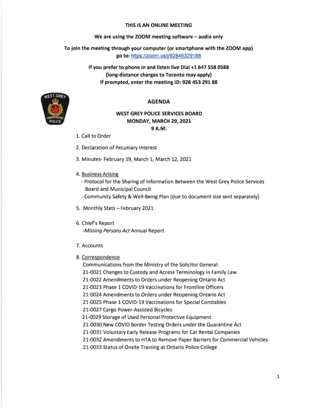 West Grey Police Services Board Agenda, March 29 2021