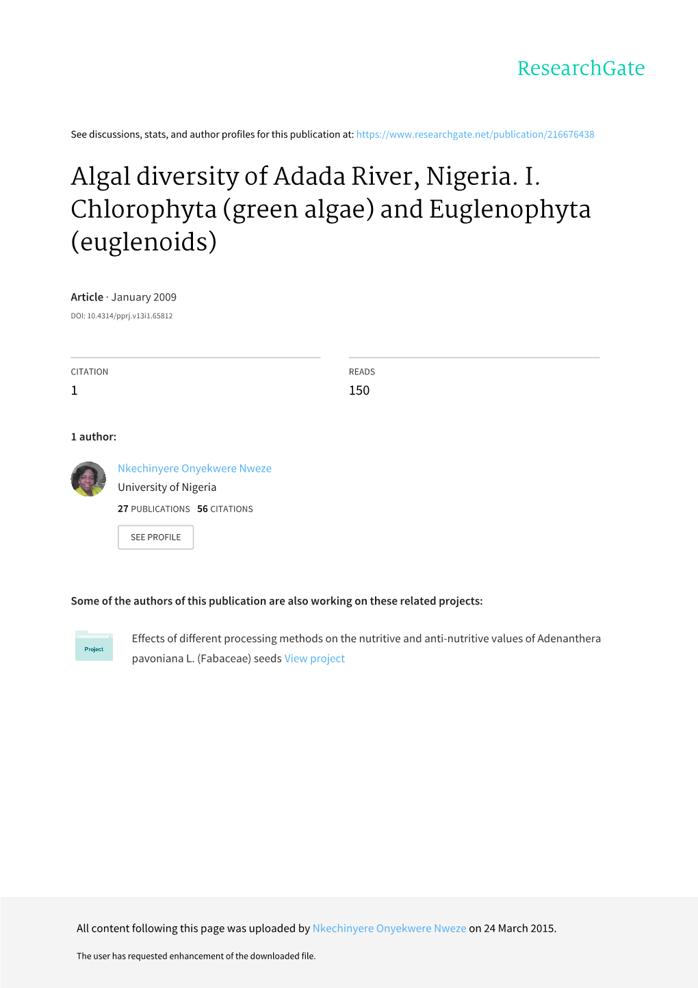 Algal Diversity of Adada River, Nigeria. I. Chlorophyta (Green Algae) and Euglenophyta (Euglenoids)