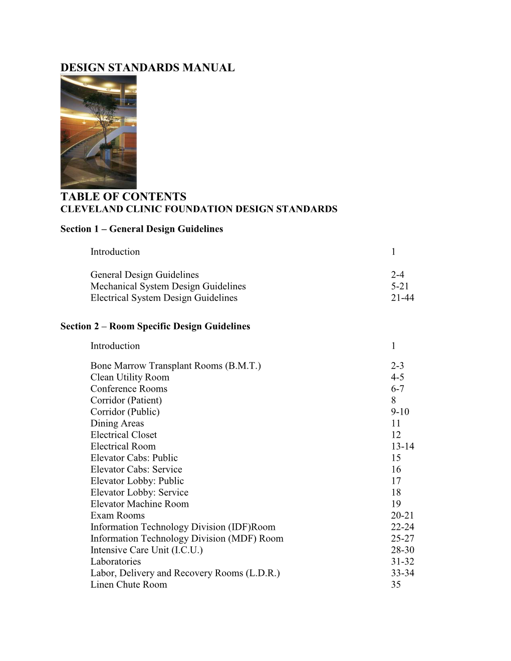 Design Standards Manual Table of Contents