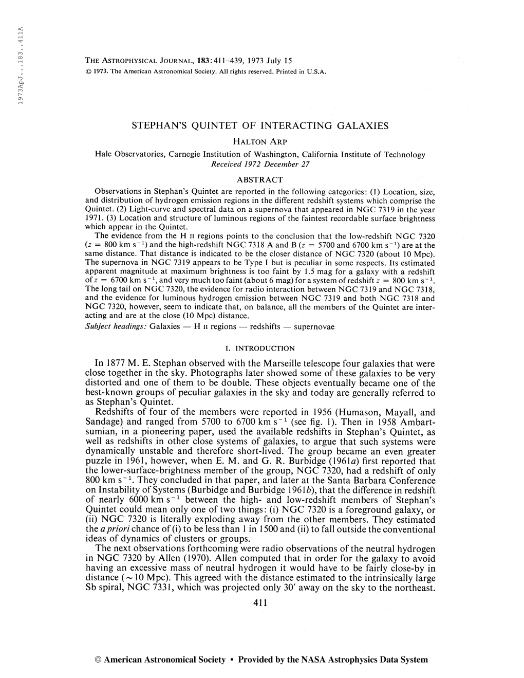 1973Apj. . .183 . .411A the Astrophysical Journal, 183:411-439, 1973 July 15 © 1973. the American Astronomical Society. All