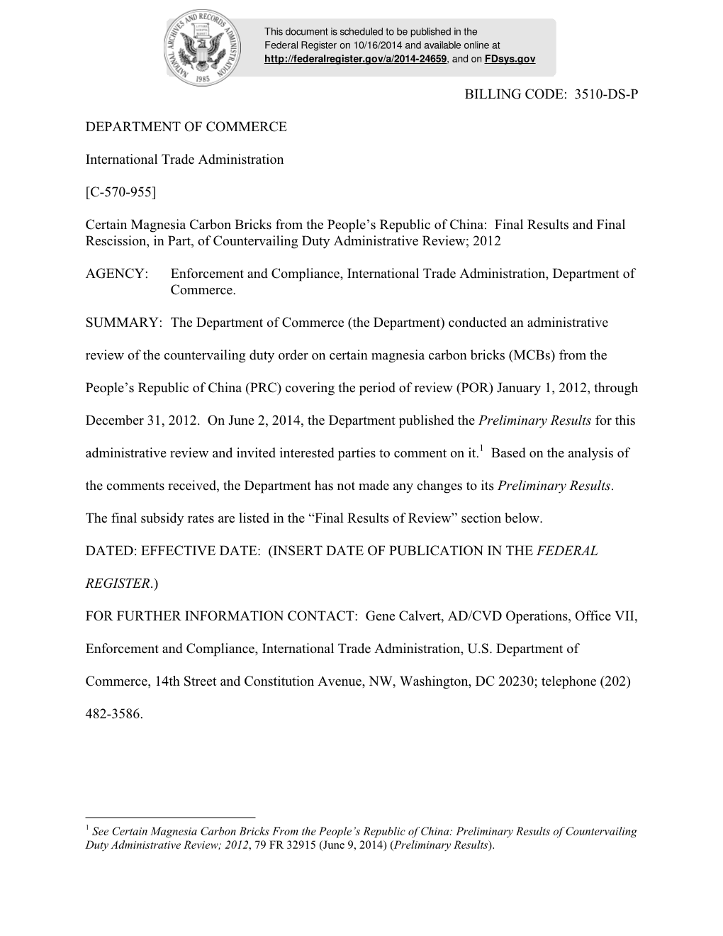 Certain Magnesia Carbon Bricks from the People’S Republic of China: Final Results and Final Rescission, in Part, of Countervailing Duty Administrative Review; 2012