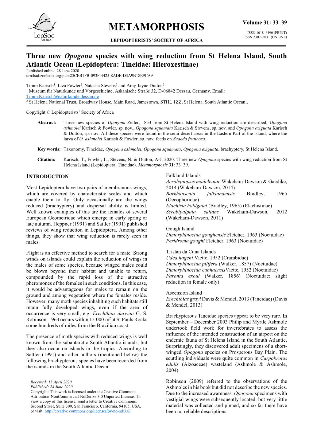 Metamorphosis Issn 1018–6490 (Print) Issn 2307–5031 (Online) Lepidopterists’ Society of Africa