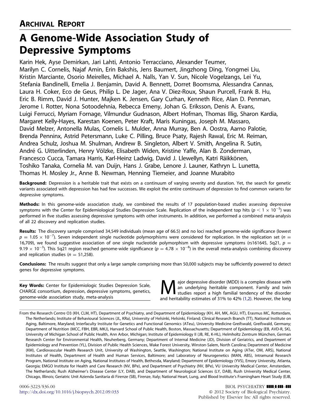 A Genome-Wide Association Study of Depressive Symptoms Karin Hek, Ayse Demirkan, Jari Lahti, Antonio Terracciano, Alexander Teumer, Marilyn C