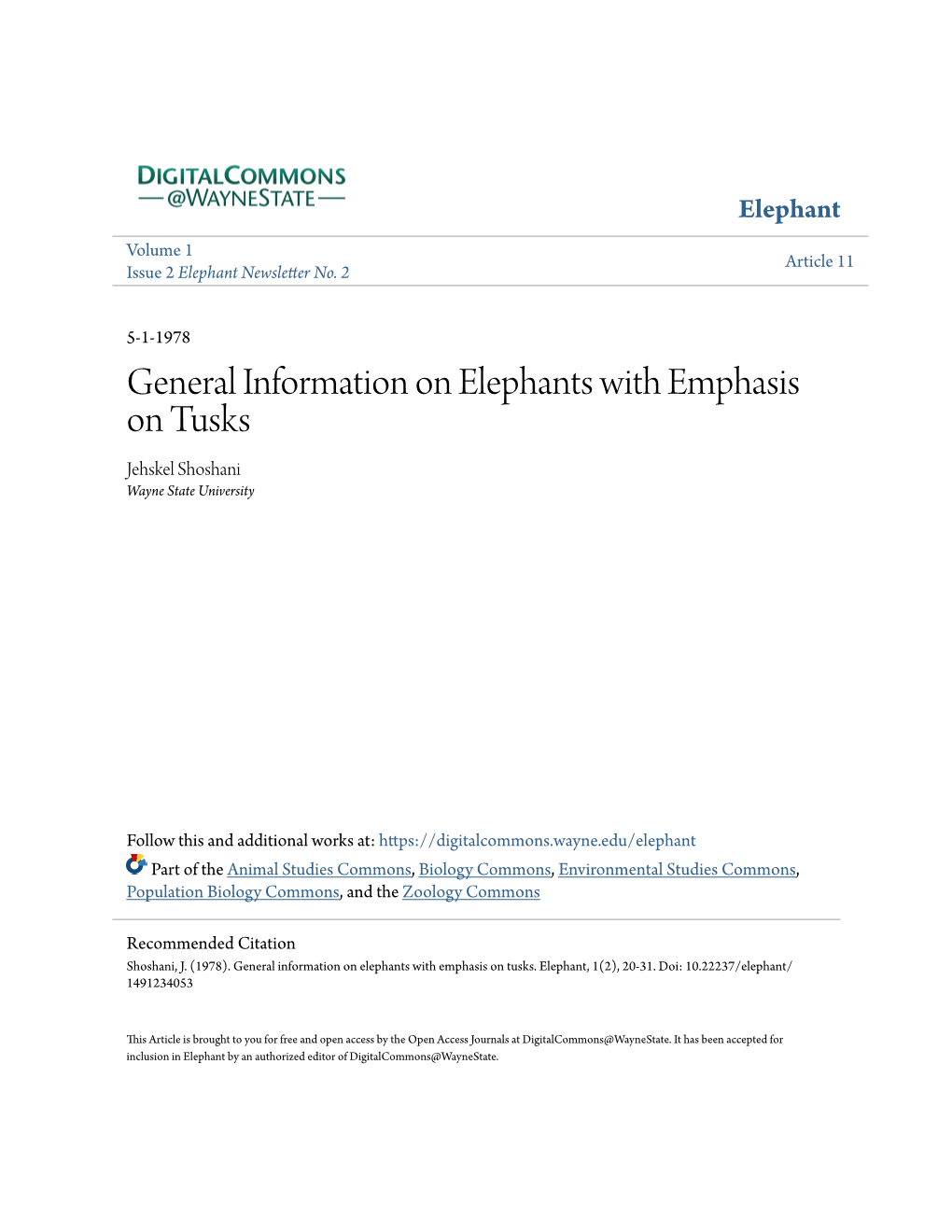 General Information on Elephants with Emphasis on Tusks Jehskel Shoshani Wayne State University