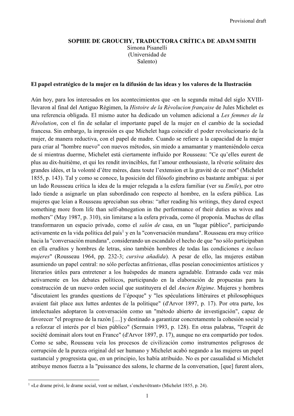 SOPHIE DE GROUCHY, TRADUCTORA CRÍTICA DE ADAM SMITH Simona Pisanelli (Universidad De Salento)