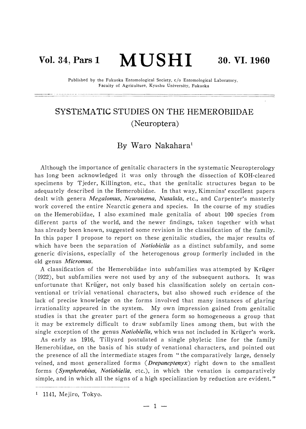 SYSTEMATIC STUDIES on the HEMEROBIIDAE (Neuroptera)