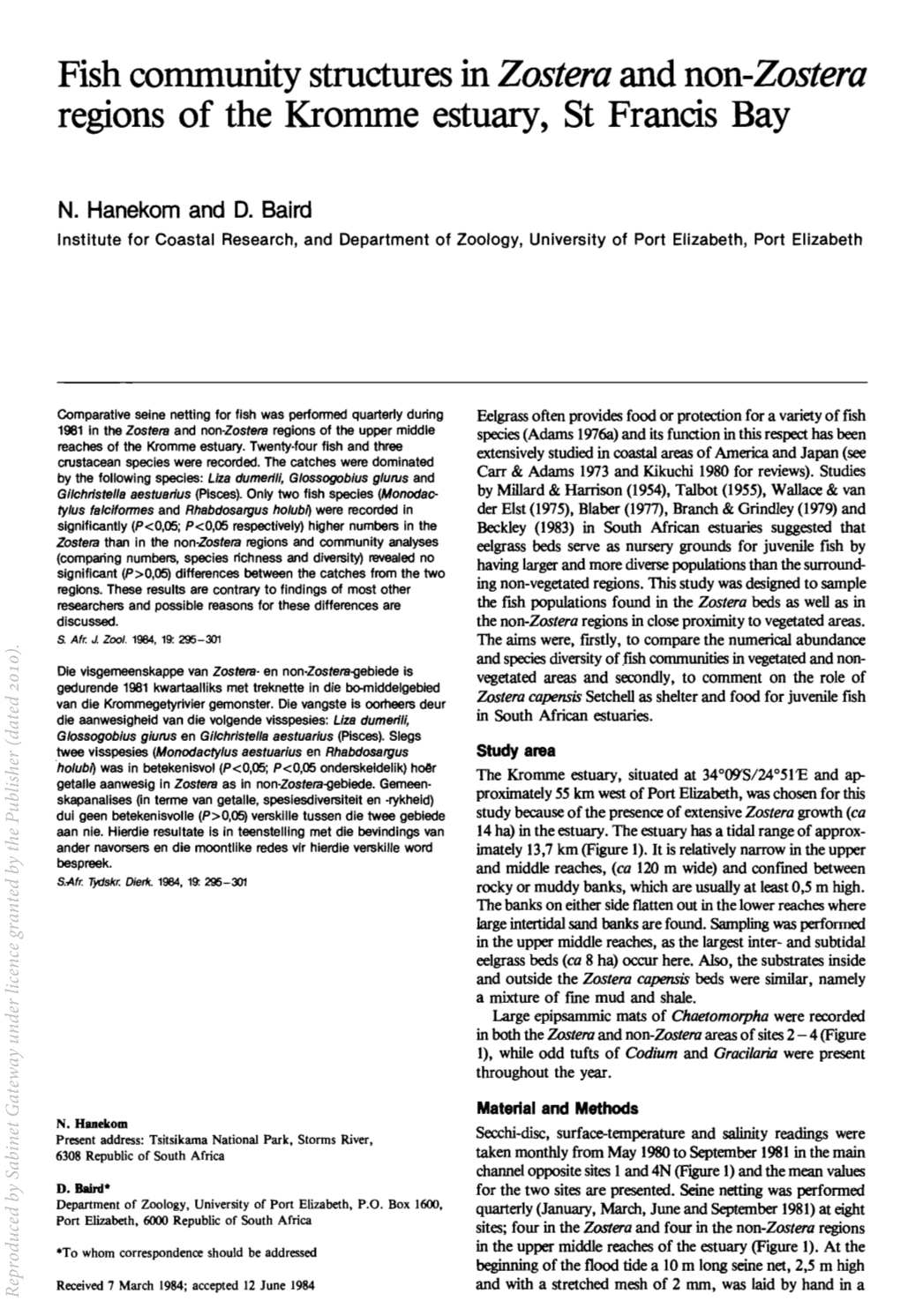 Fish Community Structures in Zostera and Non-Zostera Regions of the Kromme Estuary, St Francis Bay