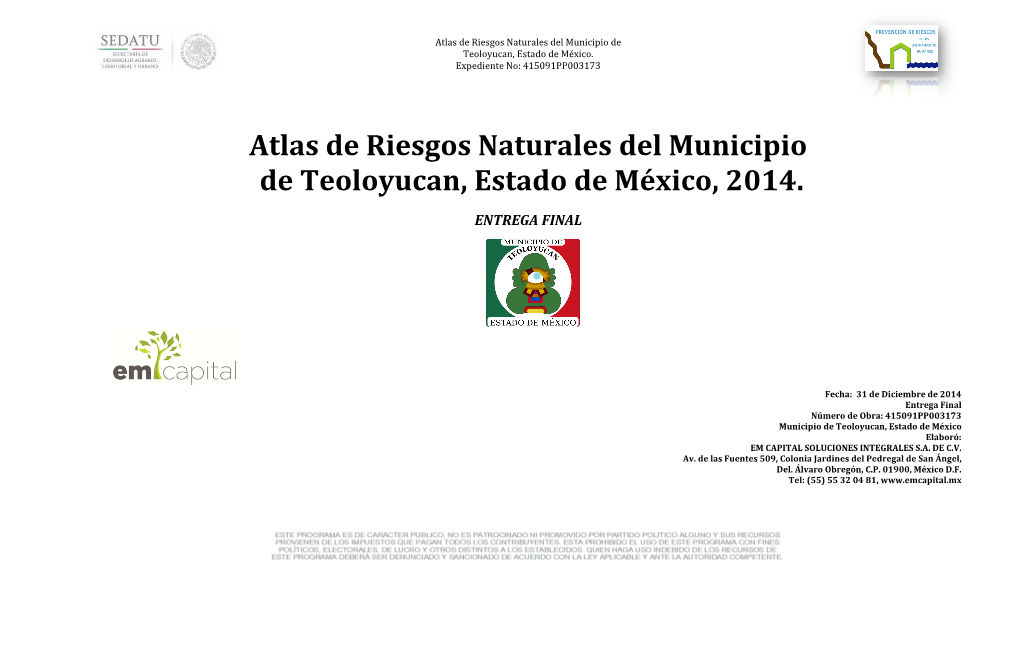 Atlas De Riesgos Naturales Del Municipio De Teoloyucan, Estado De México, 2014