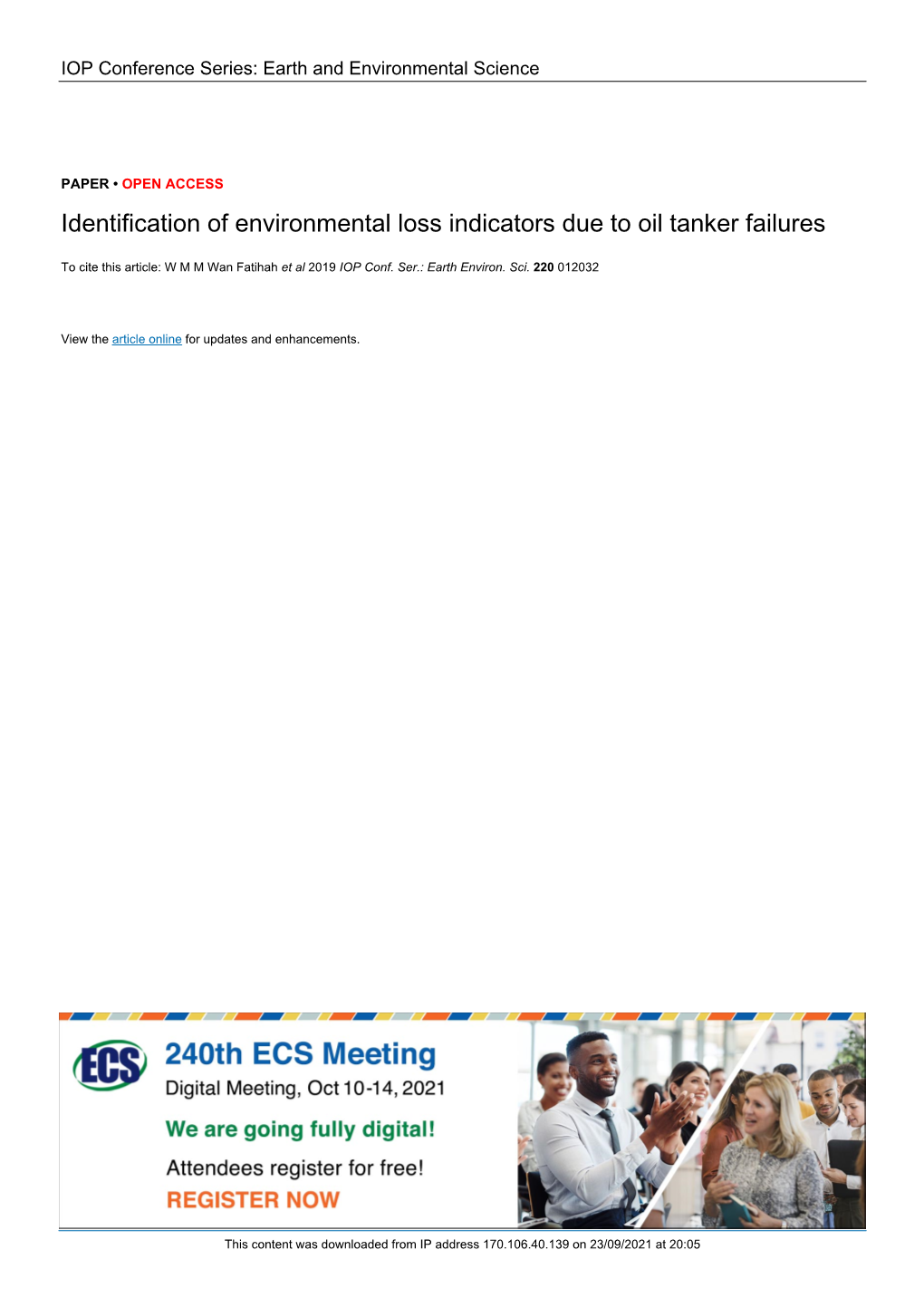 Identification of Environmental Loss Indicators Due to Oil Tanker Failures