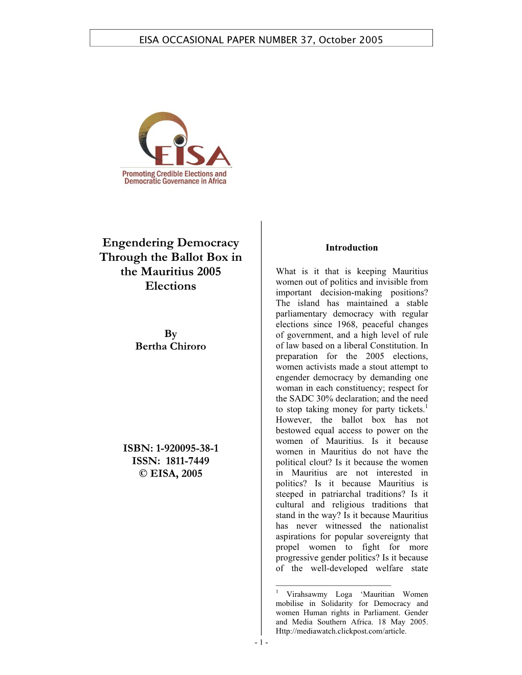 Engendering Democracy Through the Ballot Box in the Mauritius 2005