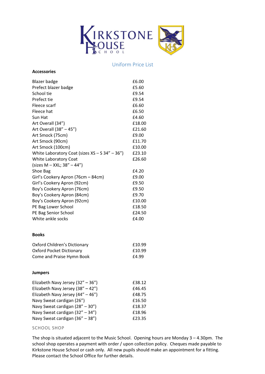 Uniform Price List Accessories