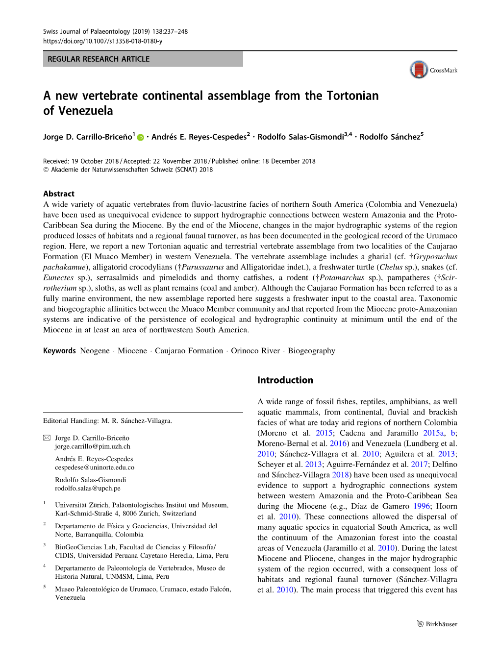 A New Vertebrate Continental Assemblage from the Tortonian of Venezuela