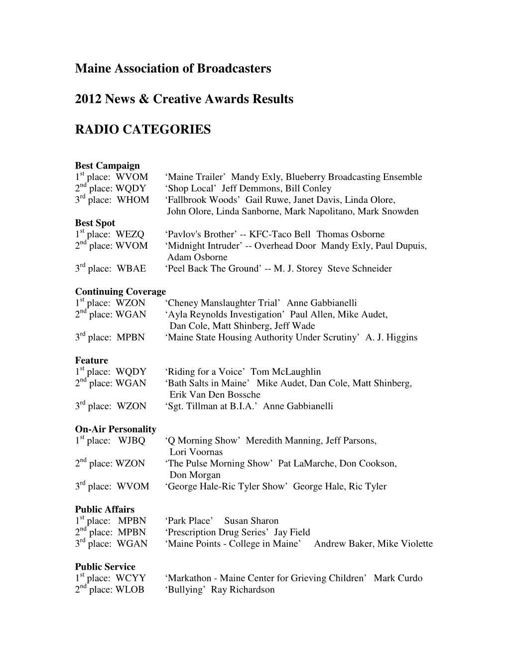 Maine Association of Broadcasters 2012 News & Creative Awards