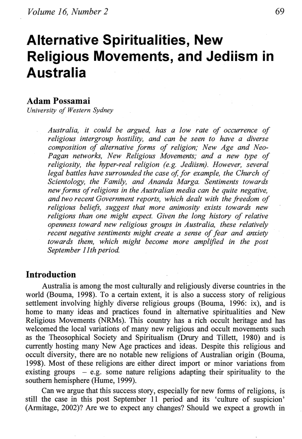 Alternative Spiritualities, New Religious Movements, and Jediism in Australia