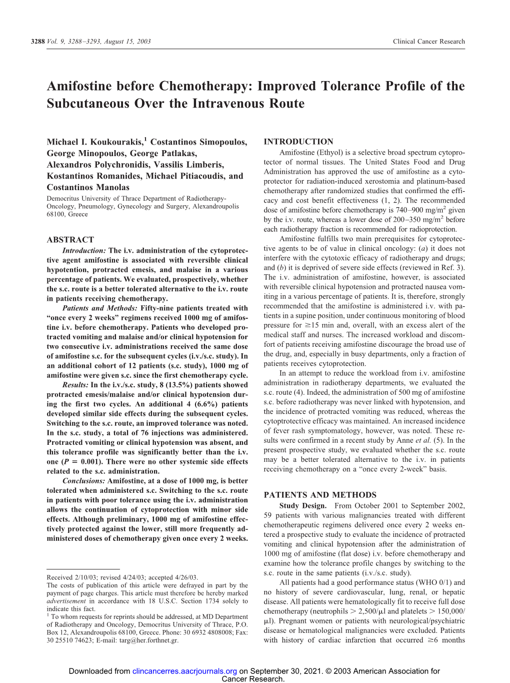 Amifostine Before Chemotherapy: Improved Tolerance Profile of the Subcutaneous Over the Intravenous Route