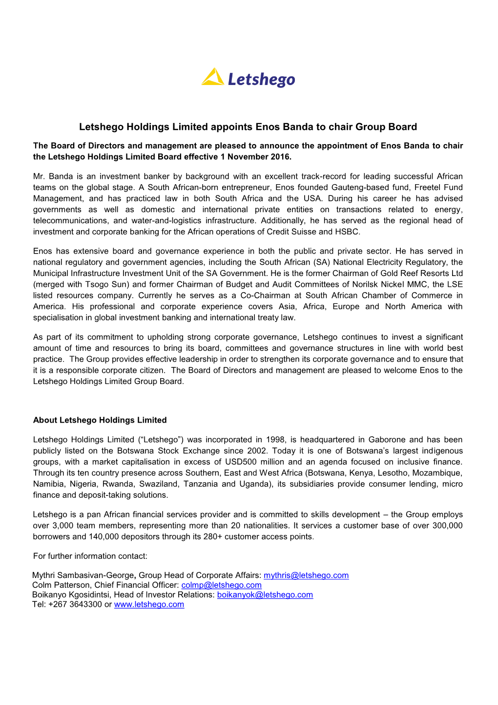 Letshego Holdings Limited Appoints Enos Banda to Chair Group Board