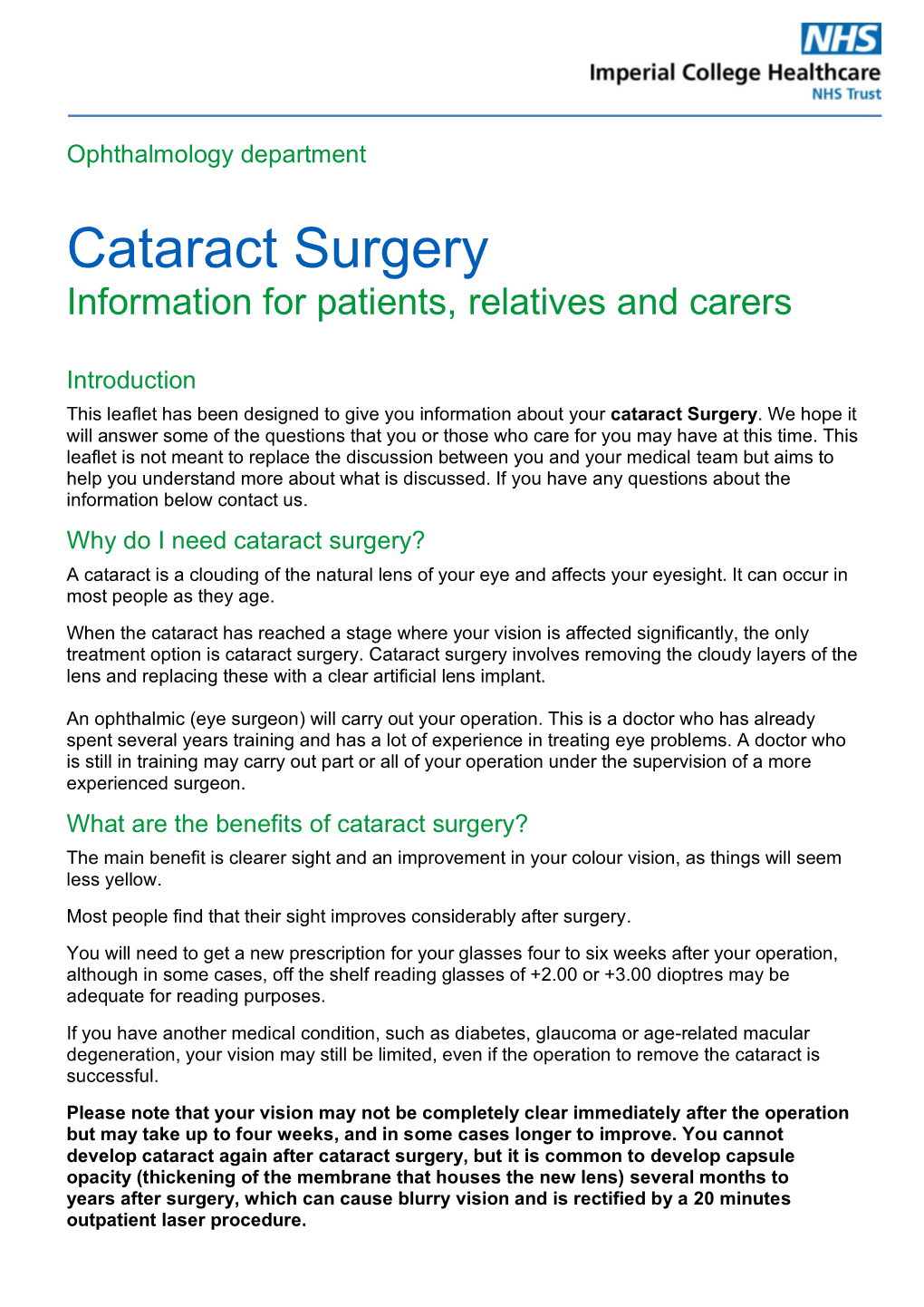 Cataract Surgery Information for Patients, Relatives and Carers