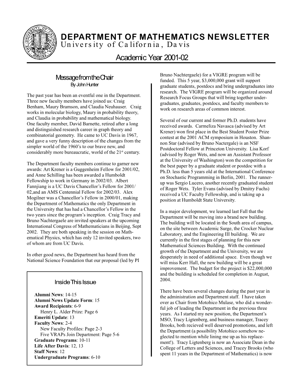 Department O. Mathematics Newsletter