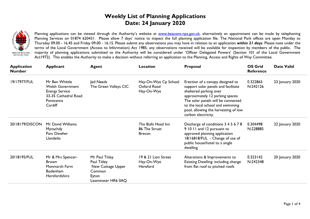 Weekly List of Planning Applications Date: 24 January 2020