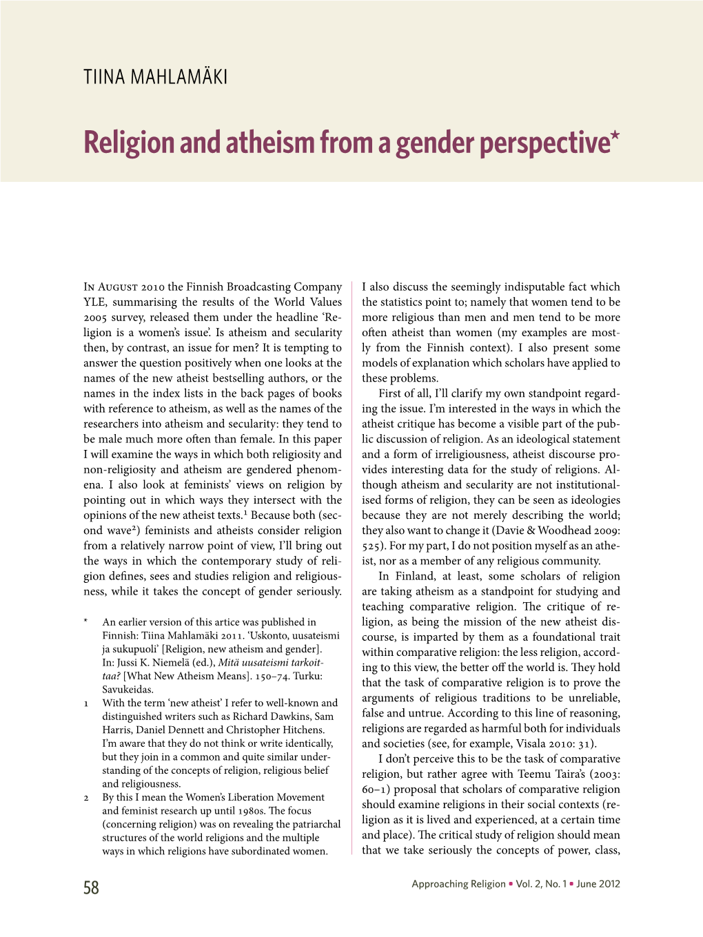 Religion and Atheism from a Gender Perspective*