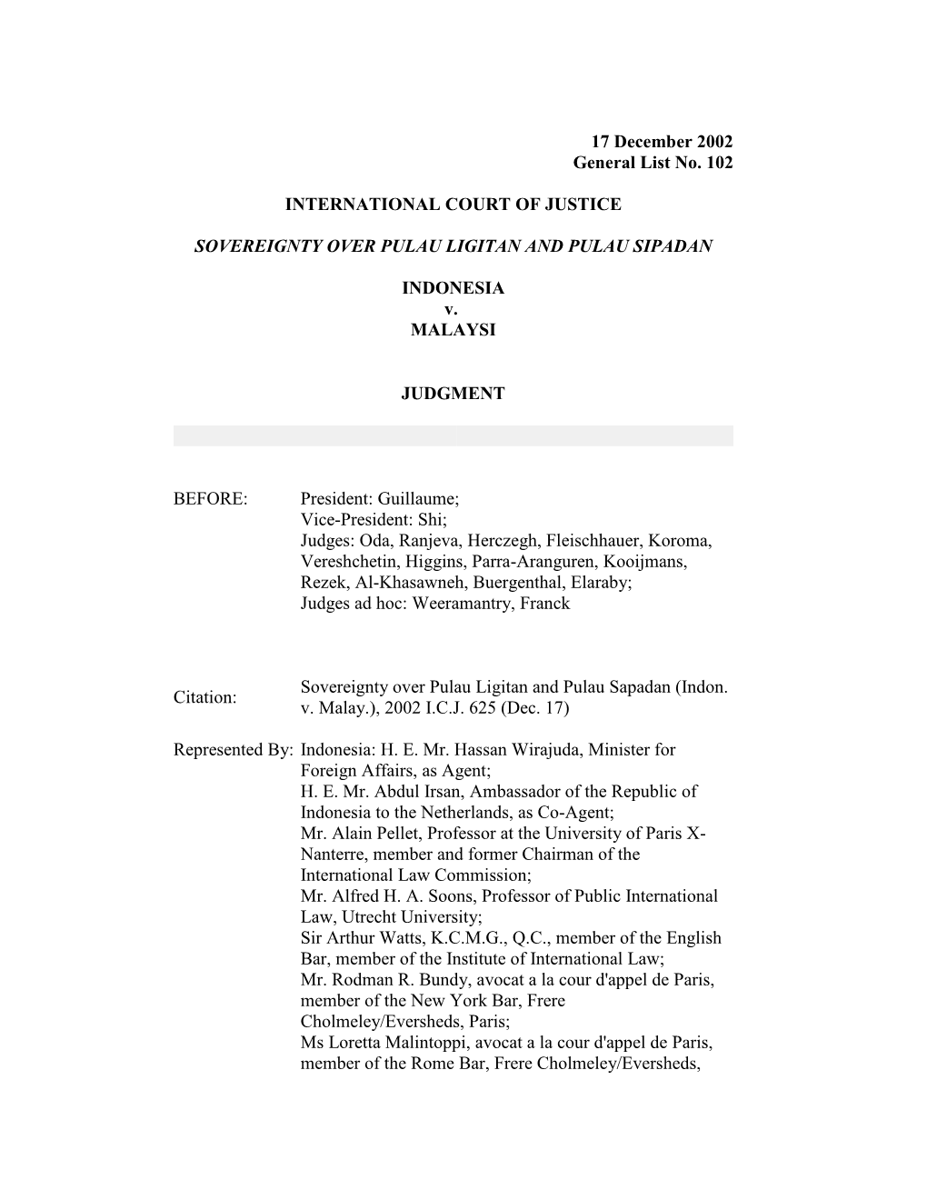 17 December 2002 General List No. 102 INTERNATIONAL COURT