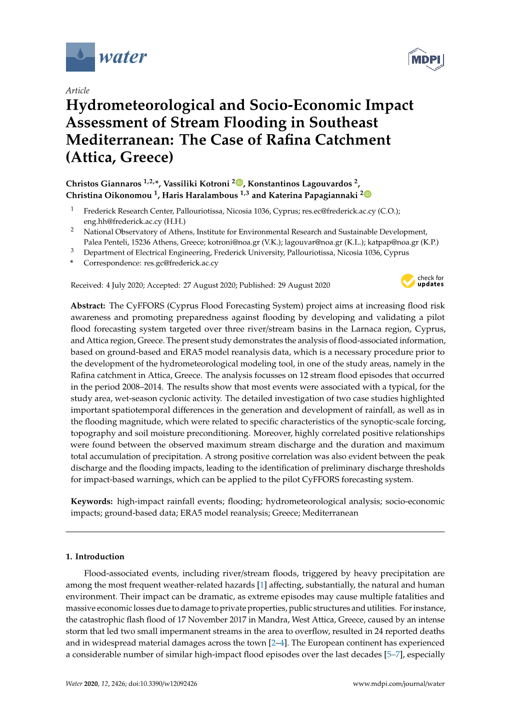 Hydrometeorological and Socio-Economic Impact Assessment of Stream Flooding in Southeast Mediterranean: the Case of Raﬁna Catchment (Attica, Greece)