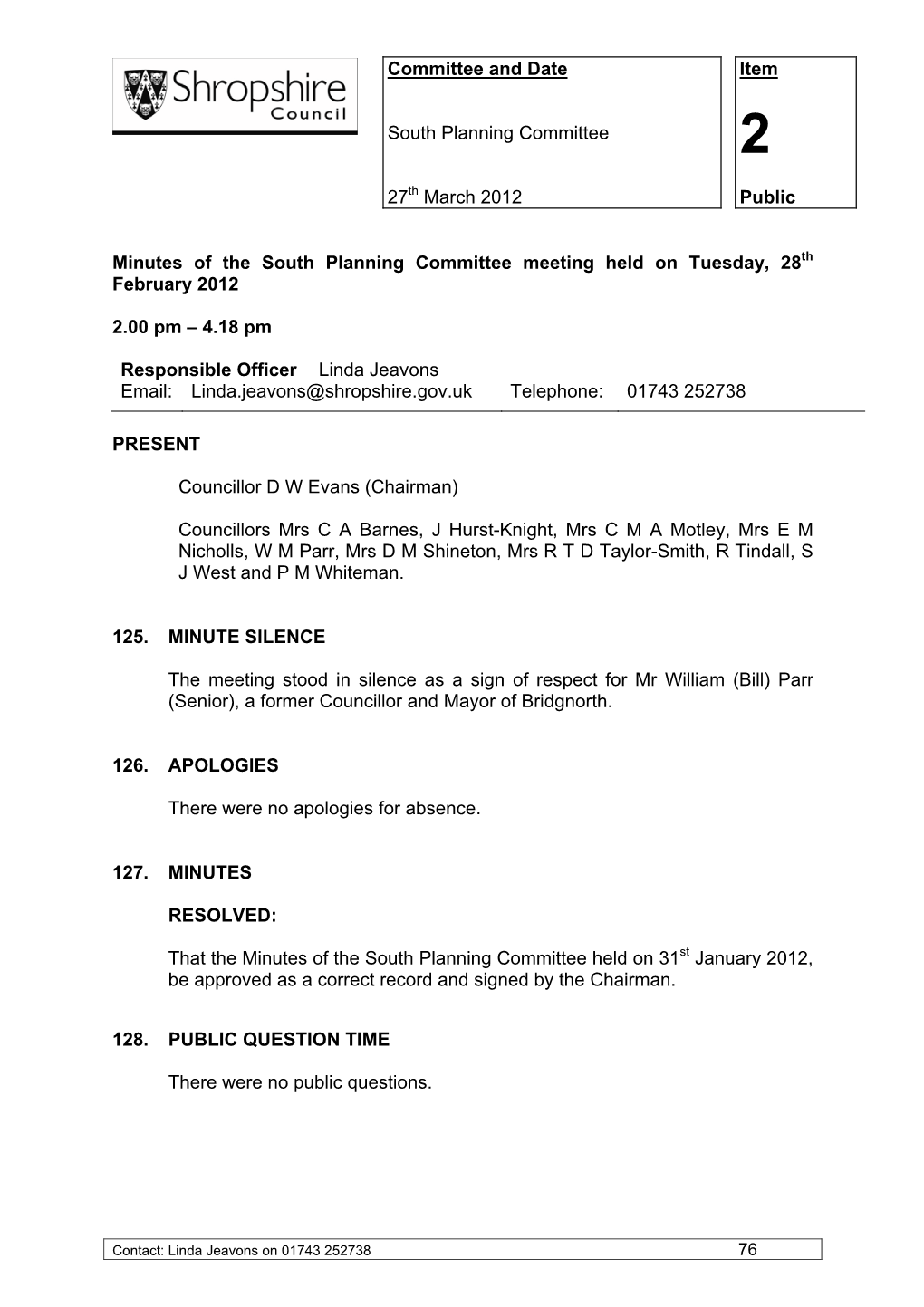 Committee and Date South Planning Committee 27Th March 2012 Item