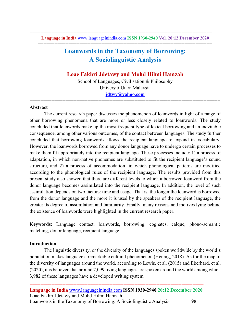 Loanwords in the Taxonomy of Borrowing: a Sociolinguistic Analysis