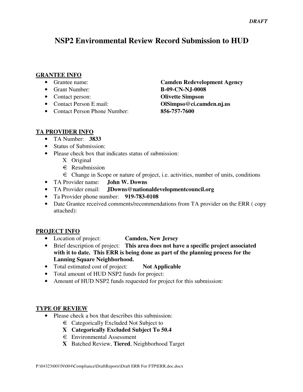 NSP2 Environmental Review Record Submission to HUD