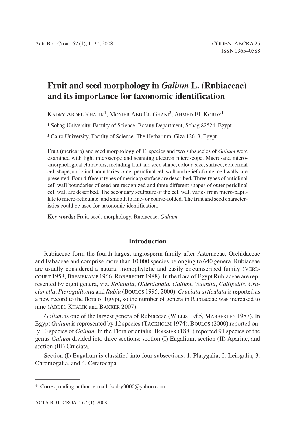 Fruit and Seed Morphology in Galium L. (Rubiaceae) and Its Importance for Taxonomic Identification