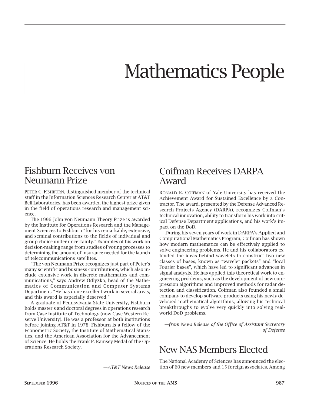 Mathematics People, Volume 43, Number 9