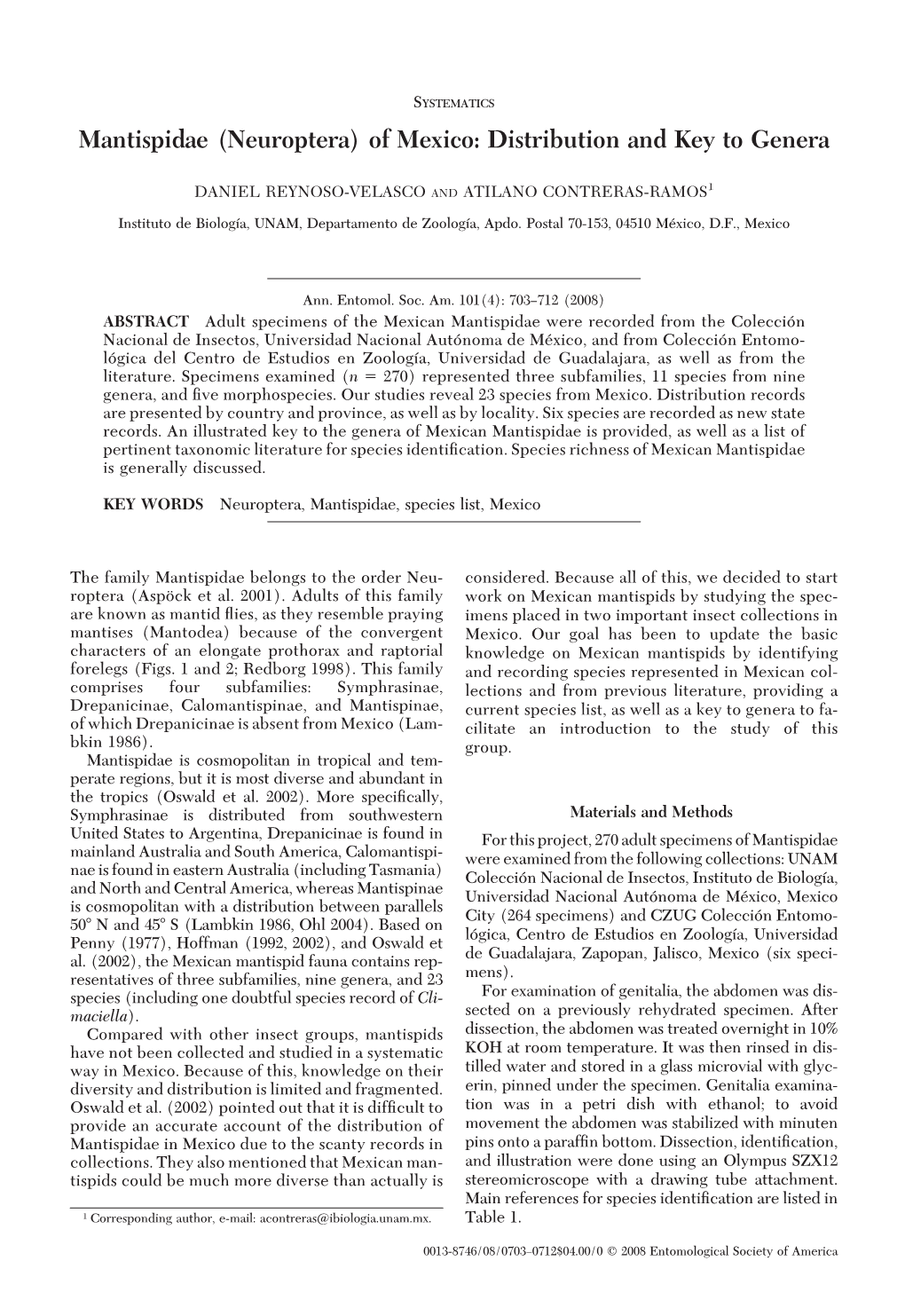 Mantispidae (Neuroptera) of Mexico: Distribution and Key to Genera